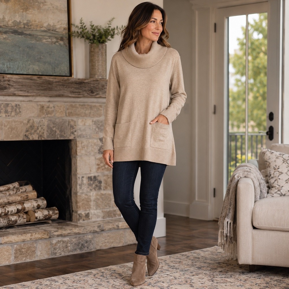 Jeanne Pierre Beige Cotton Cowl Neck Tunic Sweater M Pockets Quiet Luxury READ